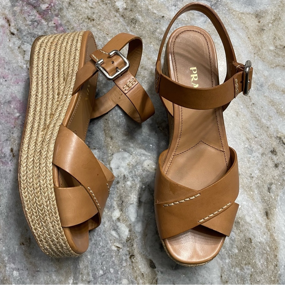 PRADA Espadrilles Sandals Size 40 Brown Tan Leather - Picture 3 of 14